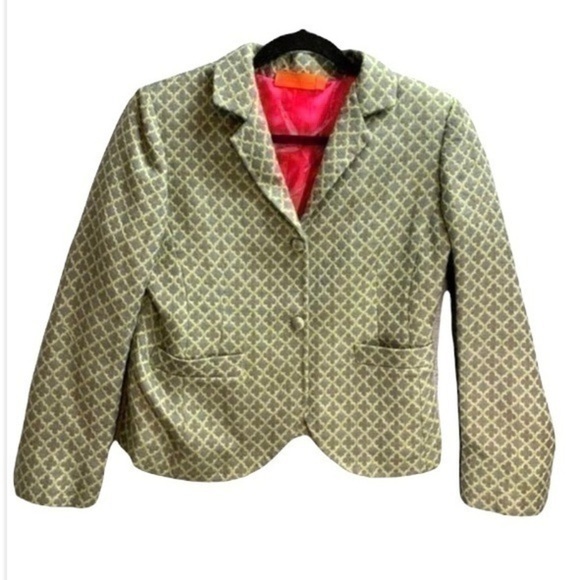 Moksha Womens Suit Jacket Blazer Green 100% Wool Geometric Pockets Long Sleeve M - Picture 1 of 11
